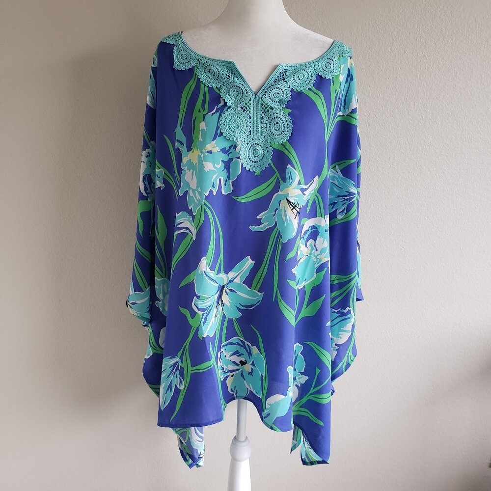 Quacker Factory Top Poncho Cover-Up Bold Floral Tropical Lace Flowy Plus Size 3X